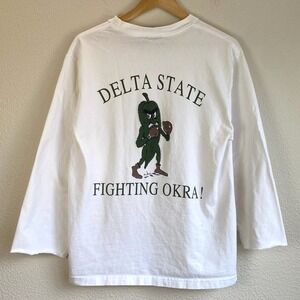 Vintage JanSport Long Sleeve T-Shirt Mens Small White Delta State Fighting Okra